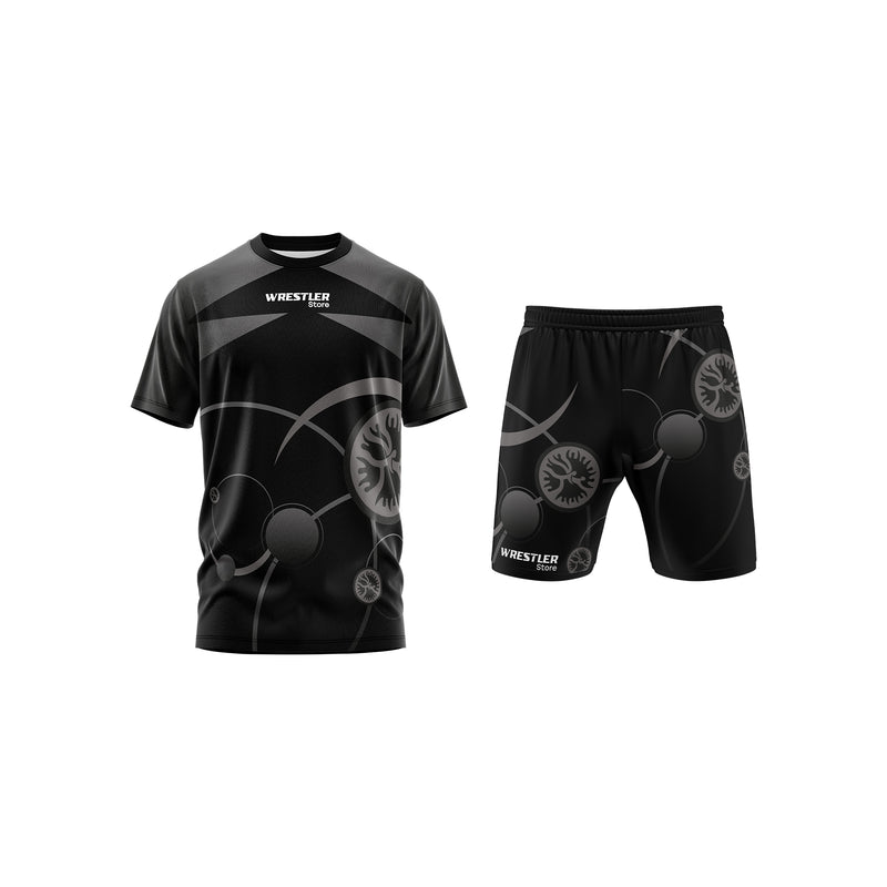 Vorderansicht des WrestlerStore UWW Schwarz T-Shirt und Shorts Sets mit passendem grauem Kreismuster auf beiden Teilen.