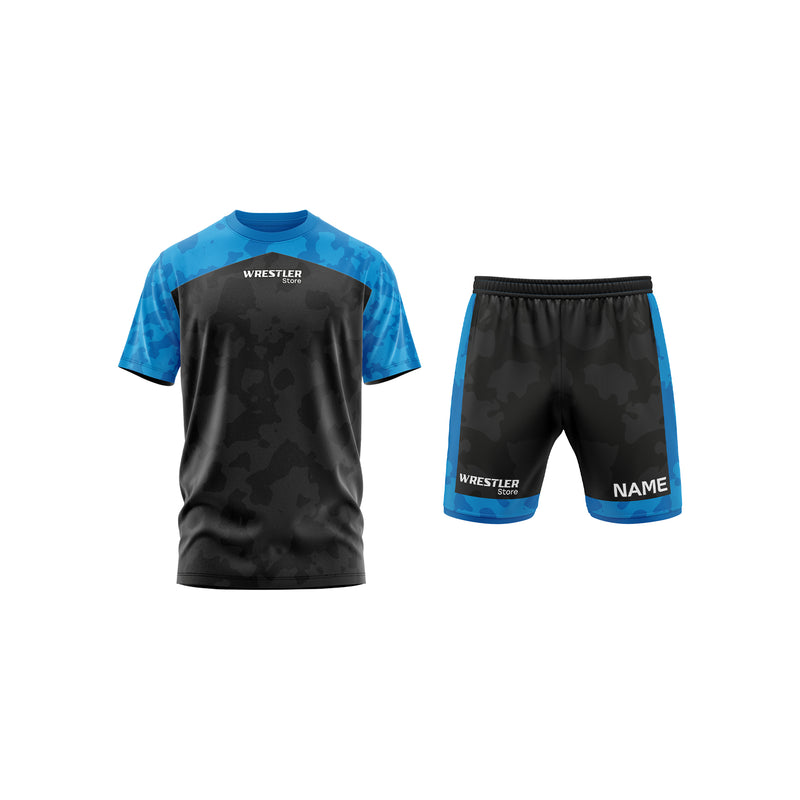 WrestlerStore Ringer Set Camo Blau Vorderseite (T-Shirt & Shorts)
