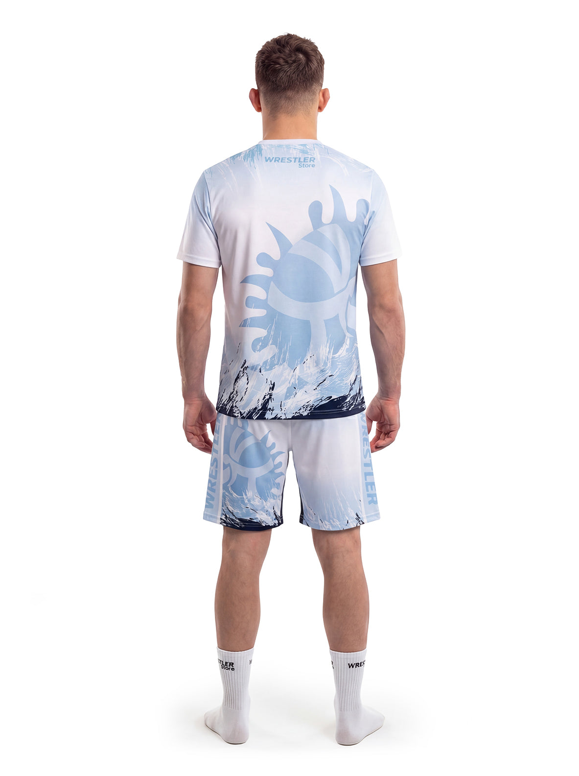 WrestlerStore Wave Eye T‑Shirt & Shorts Set weiß/hellblau – Rückansicht mit großem Wellen-Motiv, sportliches Wrestling Trainingsset