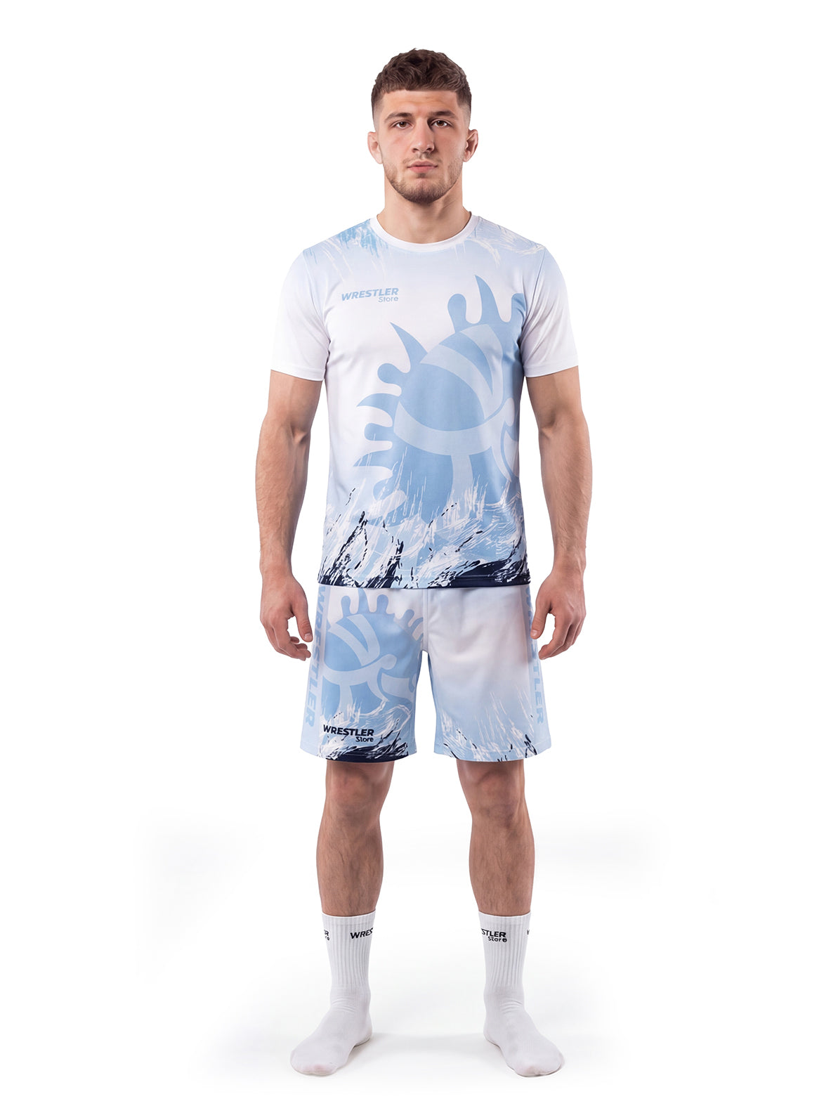 WrestlerStore Wave Eye T‑Shirt & Shorts Set weiß/hellblau – Vorderansicht mit großem Wellen-Motiv und dunkelblauen Wasserspritzern, künstlerisches Wrestling Trainingsset